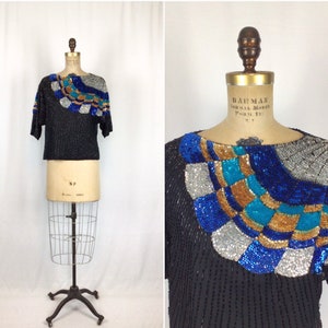 Vintage 80s top | Vintage blue black sequin top | 1980s Shomax beaded evening top