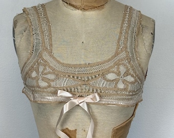 Vintage Edwardian Yoke | Boho style cream crochet midriff camisole | 1910s beige cotton lace bra top