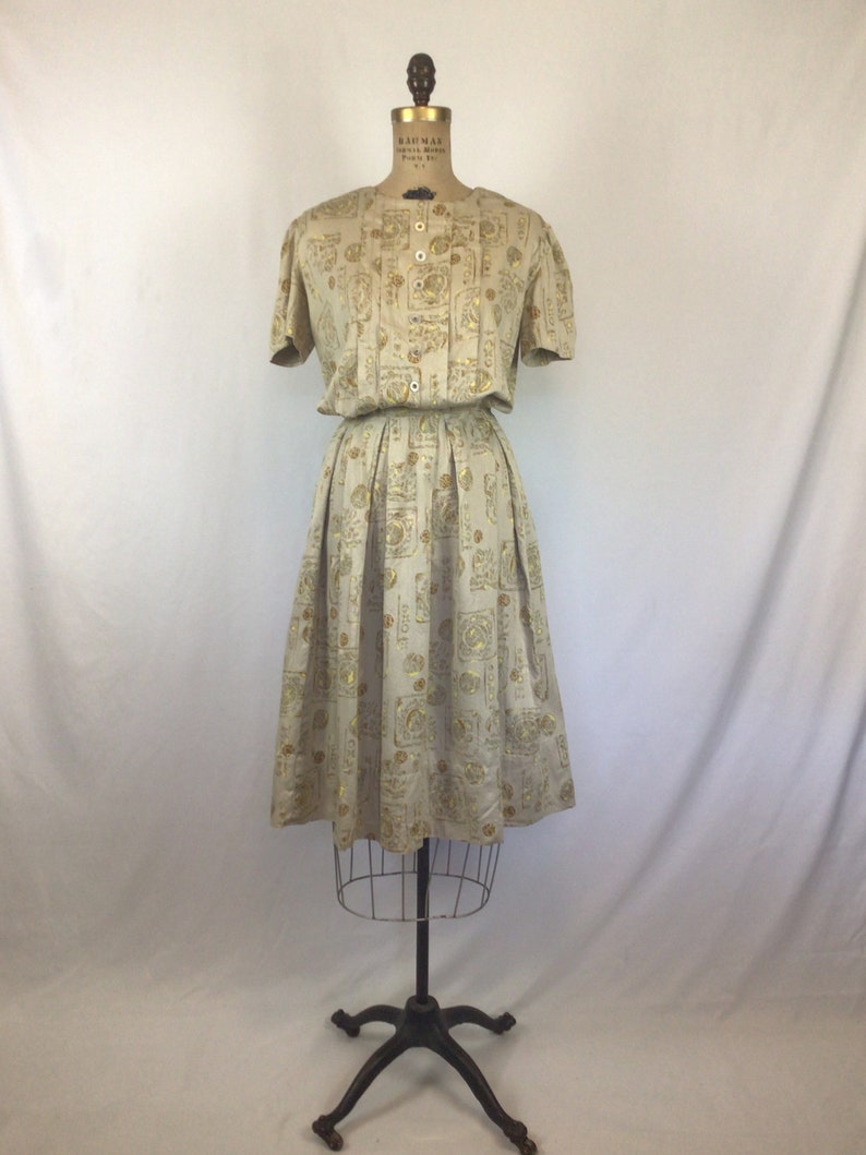 Vintage 50s Dress Vintage beige gold ball print day dress 1950s shirtwaist dress image 4