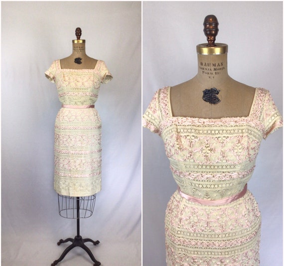 Vintage 50s Dress| Vintage pink ribbon and ivory … - image 1