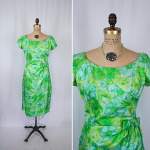 Vintage 50s dress Vintage green blue floral wiggle dress 1950s Miss Brooks dress image 1