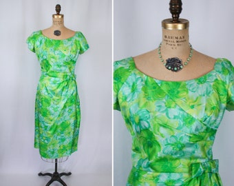 Vintage 50s dress | Vintage green blue floral wiggle dress | 1950s Miss Brooks dress