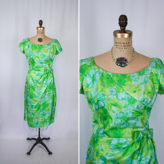 Vintage 50s dress | Vintage green blue floral wigg