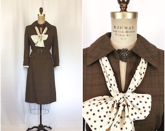 Vintage 60s dress | Vintage chocolate brown polka dot dress | 1960s I. Magnin  Abe Schroeder pussybow tie dress
