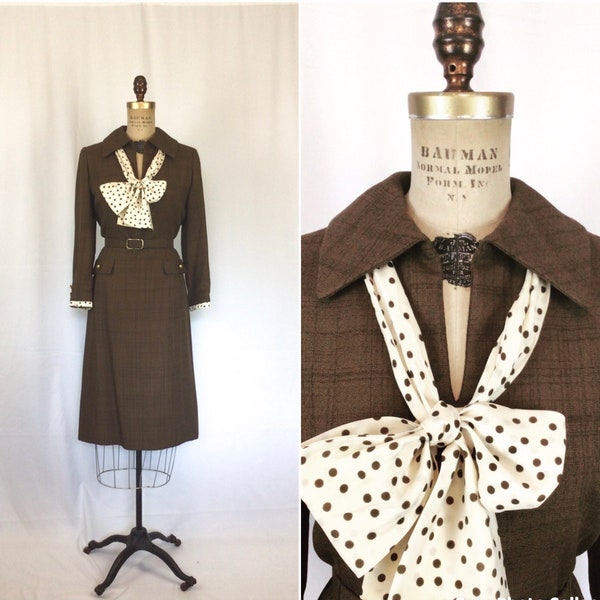 Vintage 60s dress | Vintage chocolate brown polka dot dress | 1960s I. Magnin  Abe Schroeder pussybow tie dress