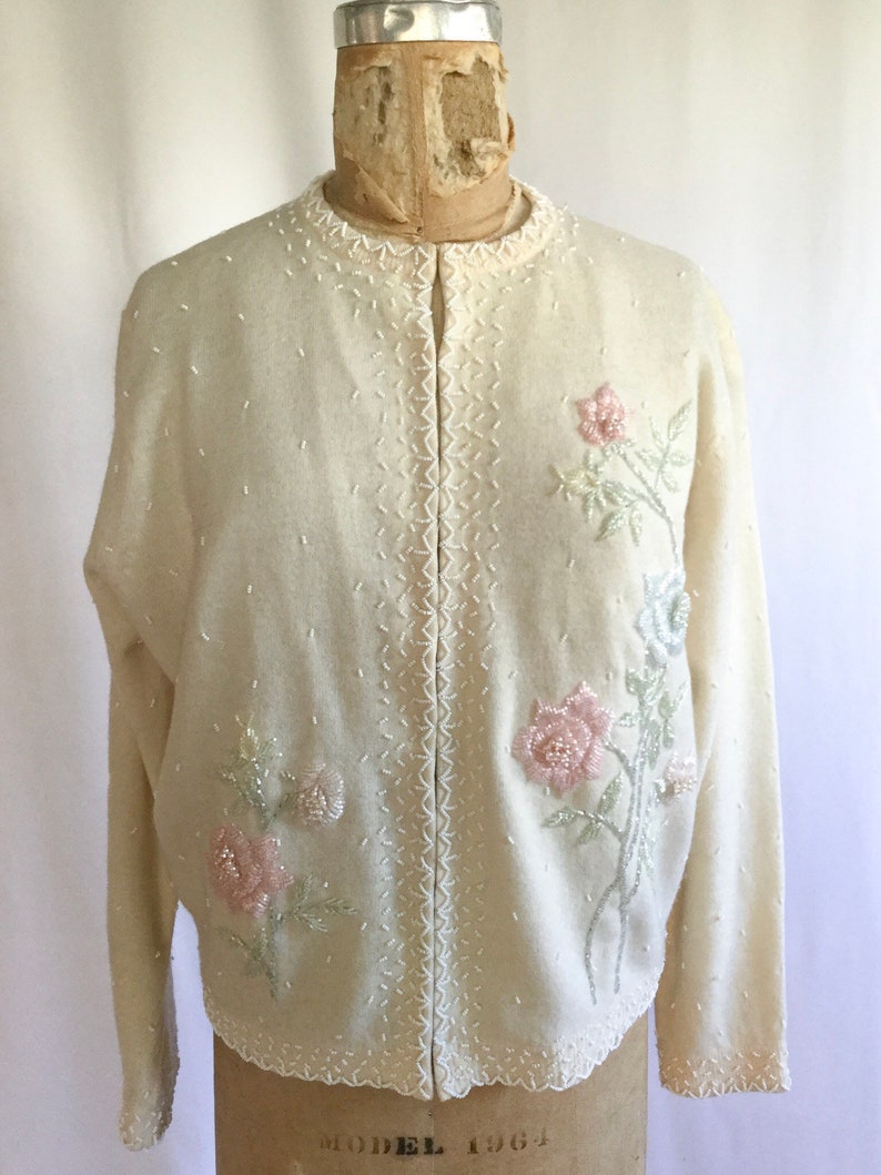 Vintage 50s Beaded Cardigan Vintage Ivory Wool Floral Beaded Etsy
