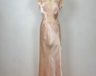 Vintage 30s Nightdress | Hollywood Glam Pink Charmeuse  Night Gown | 1930s Silk Lace Long Small Negligee