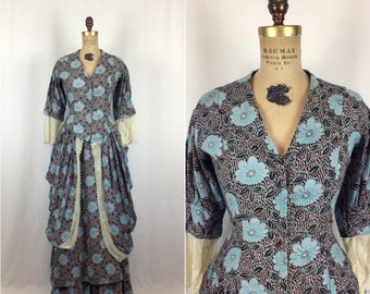 Antique Victorian dress | Vinatge blue floral walking dress | 1800s Victorian toilette costume dress