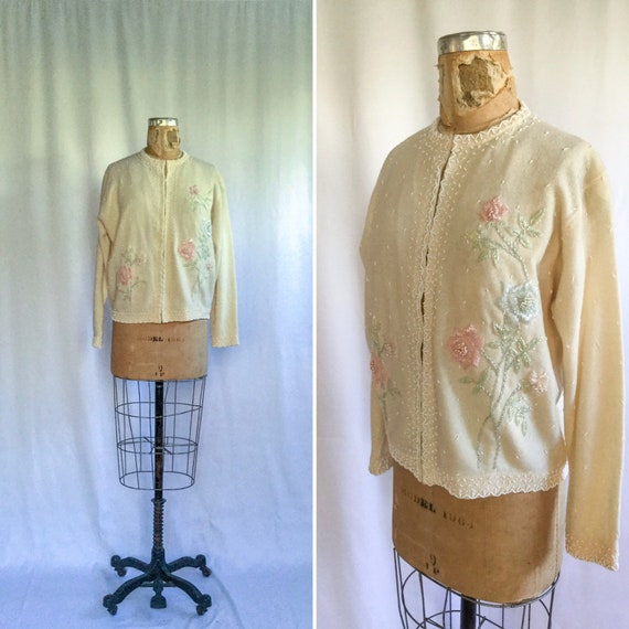 Vintage 50s beaded Cardigan | Vintage ivory wool f