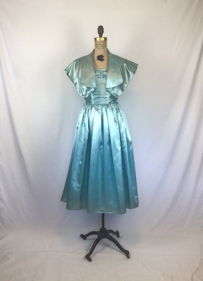 Vintage 50s dress Vintage aquamarine duchess satin party dress 1950s Party Line by Domb cocktail dress image 3