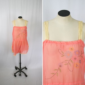 Vintage 20s Step In | Vintage pink batiste cotton romper | 1920s embroidered floral combo chemise slip