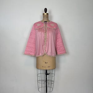 Vintage 60s bed jacket | Vintage pink satin embroidered bed jacket | 1960s Kayser quilted short jacket