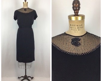 Vintage 50s dress | Vintage black crepe cocktail  dress | 1950s Rhinestone party dress