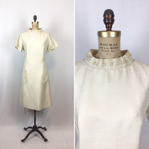 60s Brocade Dress Suit Vintage Ecru Floral 2 Pc Set Retro Buttons Elopement Court House Wedding Cocktails Sixties Mad Men Dress Up Costuming