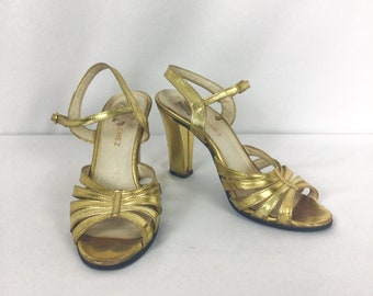 Vintage 90s Shoes | Vintage gold lame strappy sandal | 1990s Carlos Sanchez high heel shoes