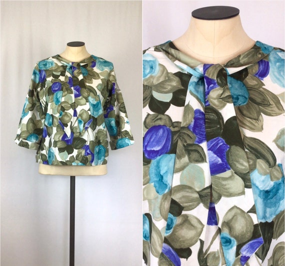 Vintage 60s blouse | Vintage NOS green blue flora… - image 1