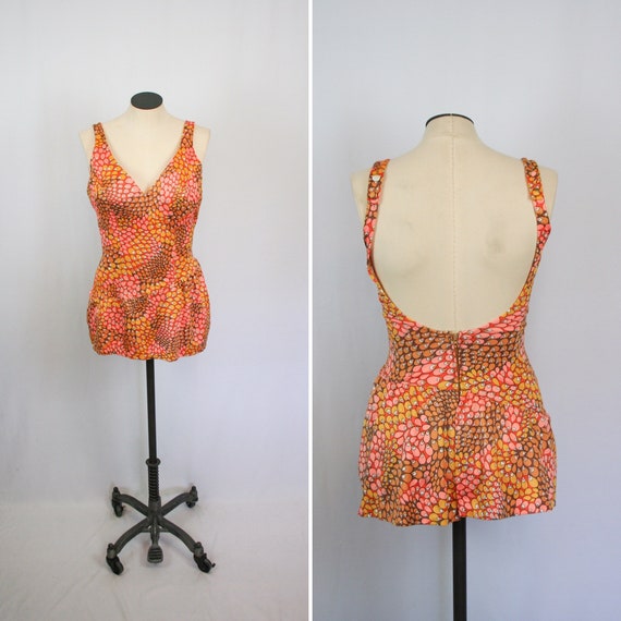 Vintage 60s swimsuit | Vintage pink brown flower p