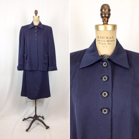 Vintage 40s suit | Vintage navy wool gabardine two