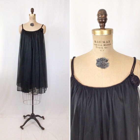 Vintage 60s nightgown | Vintage black chiffon nigh
