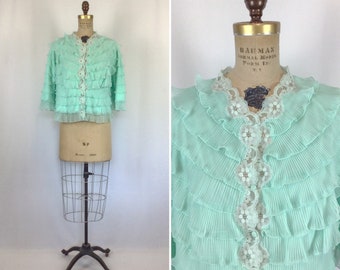 Vintage 50s bed jacket | Vintage aqua ruffle bed jacket | 1950s Loungewear