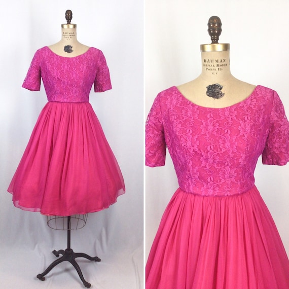 Vintage 50s dress | Vintage magenta lace chiffon f