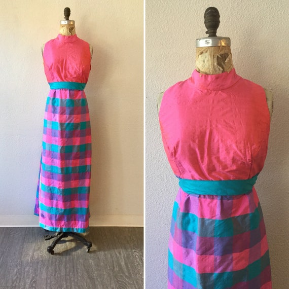 Madras 60s dress| Vintage pink madras plaid silk d