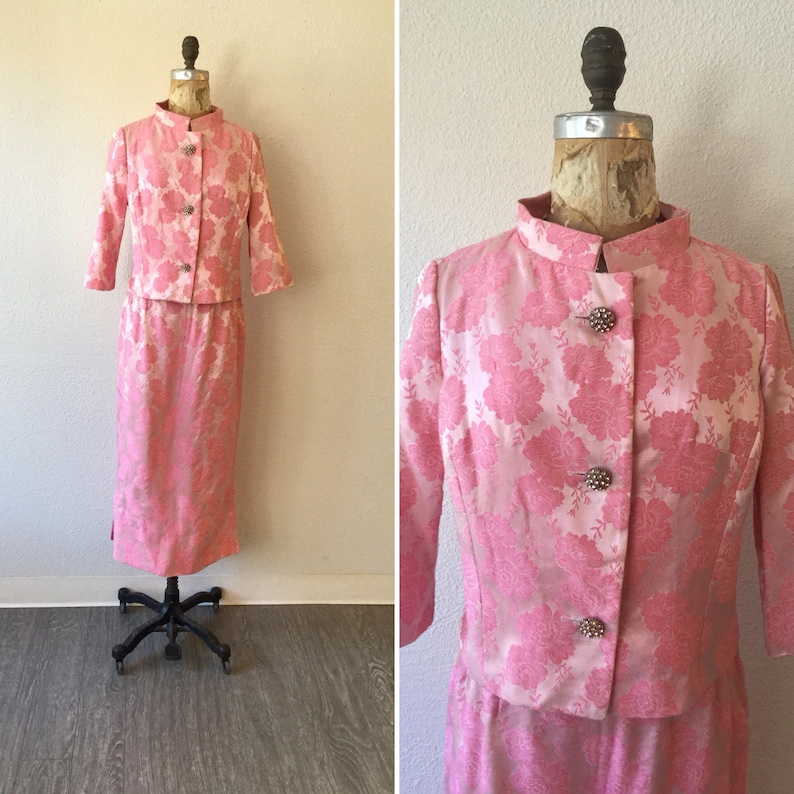 1960/'s Carol Brent Two Piece Suit Vintage pink rose brocade suit Rose 60s suit