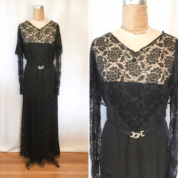 Hattie 30s dress | Vintage black lace silk evening