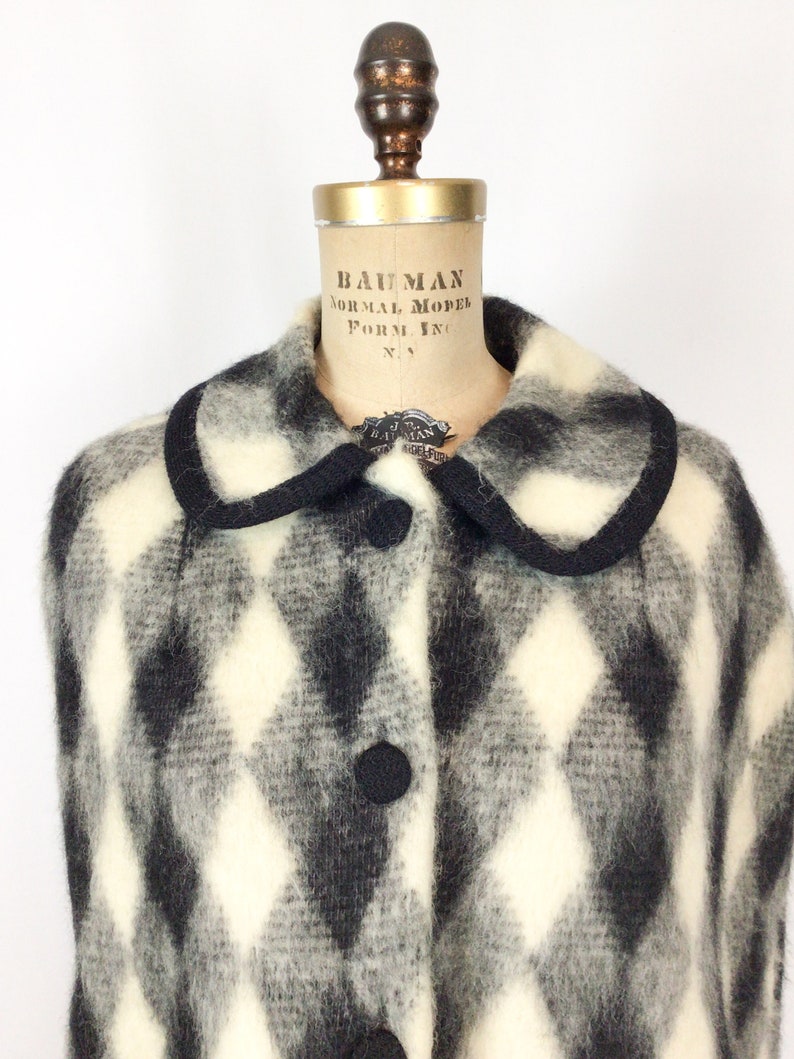 1960s Alex knit cape Vintage 60s cape Vintage black white diamond print cape