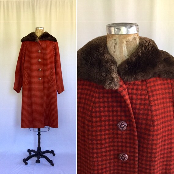 Nº21 Faux Fur Collar Checked Coat Red