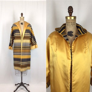 Vintage 60s coat | Vintage grey stripe yellow satin coat | 1960s reversible open front coat