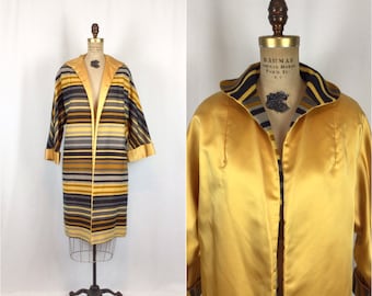 Vintage 60s coat | Vintage grey stripe yellow satin coat | 1960s reversible open front coat