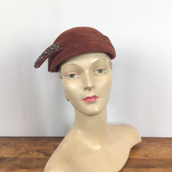 Vintage 40s hat | Vintage burnt orange velour beaded hat  | 1940s Juli Kay millinery