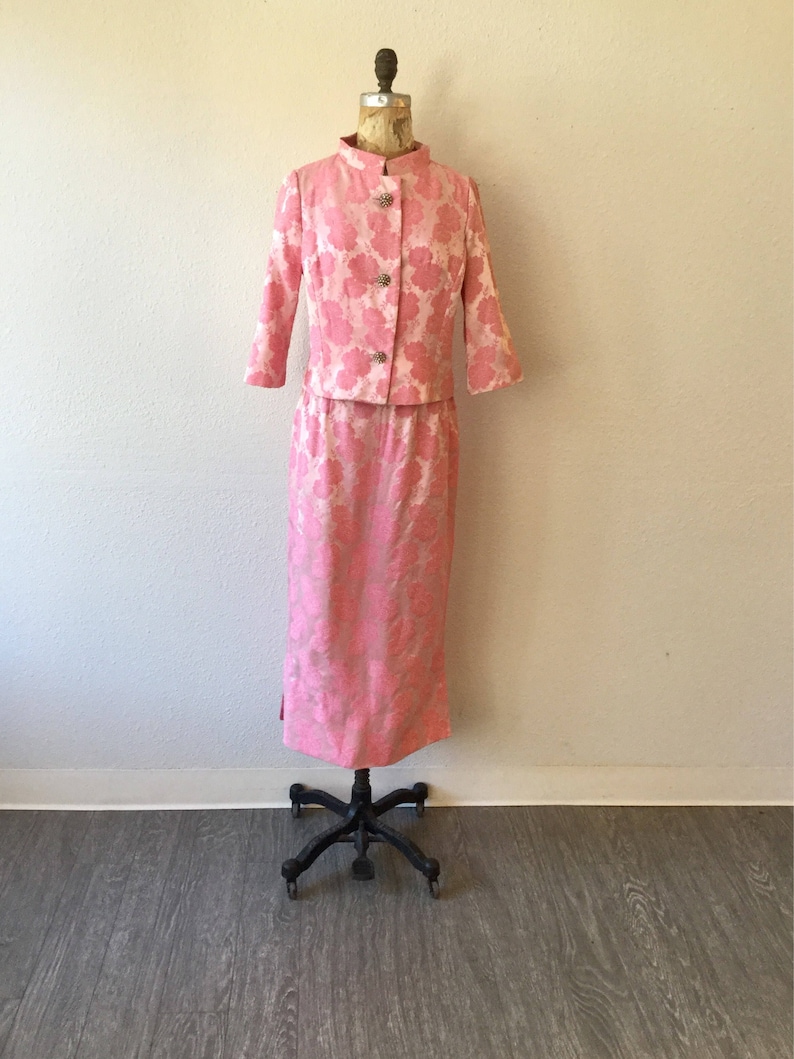 1960/'s Carol Brent Two Piece Suit Vintage pink rose brocade suit Rose 60s suit