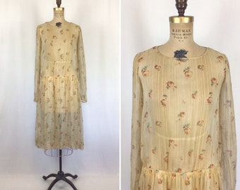 robe vintage des années 20 | robe en mousseline à fleurs vintage | Robe à clapet orange des années 1920
