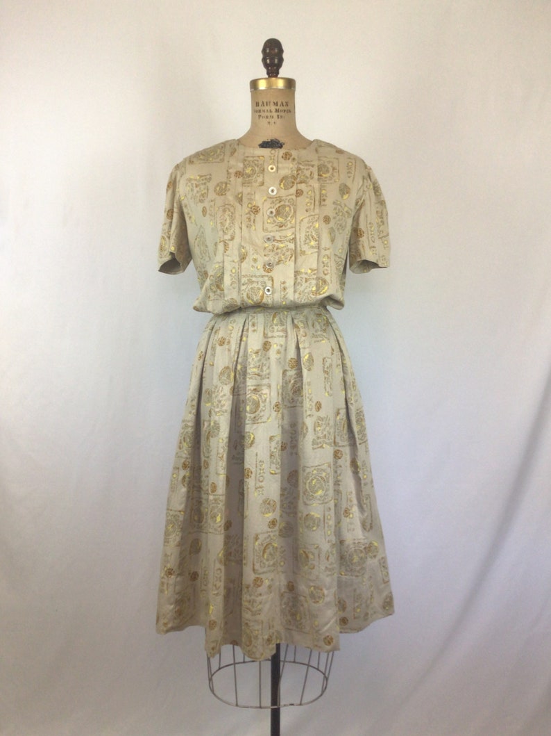 Vintage 50s Dress Vintage beige gold ball print day dress 1950s shirtwaist dress image 5