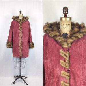 Vintage 90s coat | Vintage raspberry pink suede leather parka | 1990s faux fur suede hooded three quarter coat