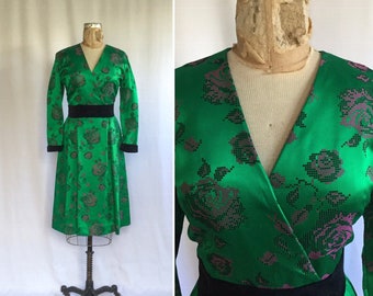 Vintage 80s satin dress | Vintage green satin rose print party dress | Early 1980s green satin velvet trimmed floral cocktail dress