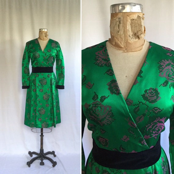 Vintage 80s satin dress | Vintage green satin ros… - image 1