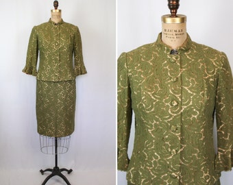 Vintage 50s suit | Vintage olive green lace two piece suit | 1950s Carol Craig skirt and jacket