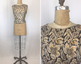 Vintage 50s top | Vintage floral brocade evening top | 1950s metallic cocktail blouse