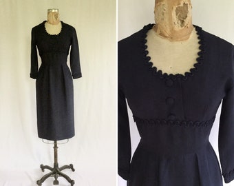 Vintage 50er Jahre Kleid | Vintage dunkelblaues Wiggle Kleid | 1950s Navy Satouche tailliertes Kleid