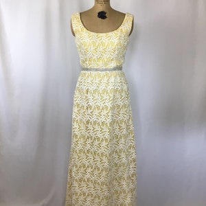 Vintage 60s dress Vintage yellow white lace evening gown 1960s Cameo Evening Fashion floral lace rhinestone maxi dress image 4