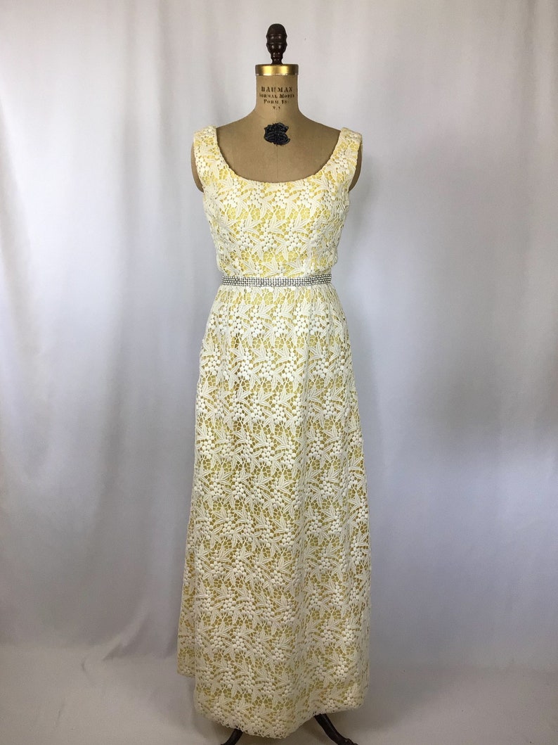 Vintage 60s dress Vintage yellow white lace evening gown 1960s Cameo Evening Fashion floral lace rhinestone maxi dress image 4