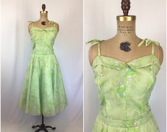 Vintage 60s dress | Vintage green floral fit and flare dress | 1960s organza party dress