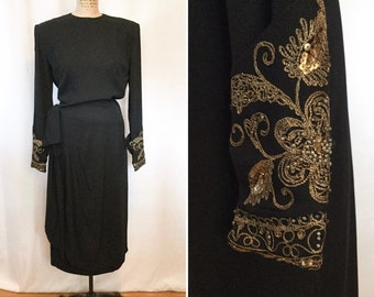 Janet Taylor rayon 40s dress | Vintage black rayon crepe faux wrap dress | 1940s embroidered floral black rayon dress