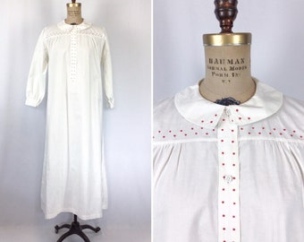 Vintage Edwardian nightgown | Vintage embroidered white cotton nightdress | 1900's polka dot dressing gown