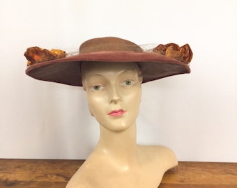 Vintage 40s hat | Vintage milk chocolate brown woven straw bonnet hat  | 1940s Phil Strann millinery