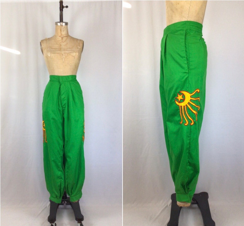 Vintage 70s pants Vintage green canvas pants 1970s Shriners appliqué pants image 1