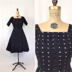 Vintage 50s dress | Vintage black corduroy fit and flare dress | 1950s full skirt cocktail dress